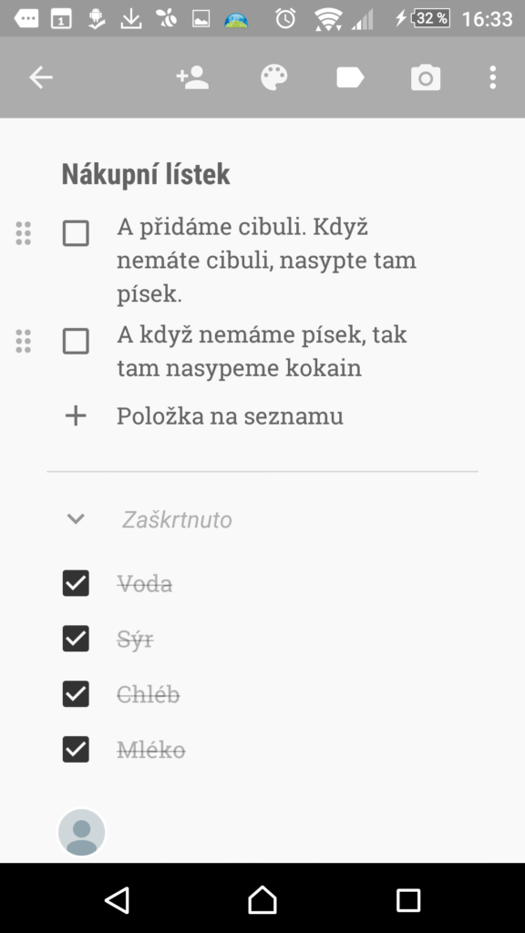 Odškrtávání položek v nákupním lístku