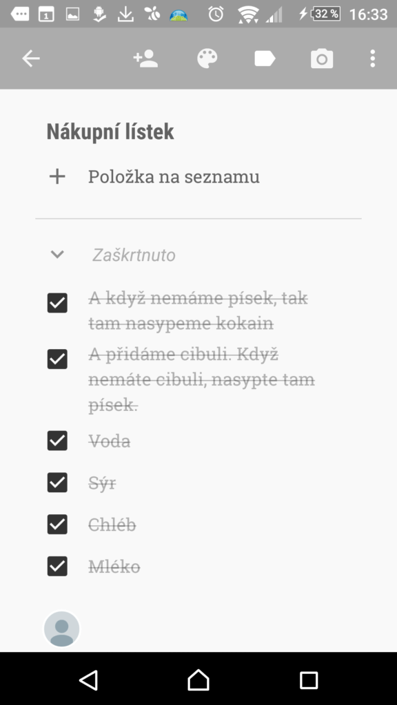 Odškrtávání položek v nákupním lístku