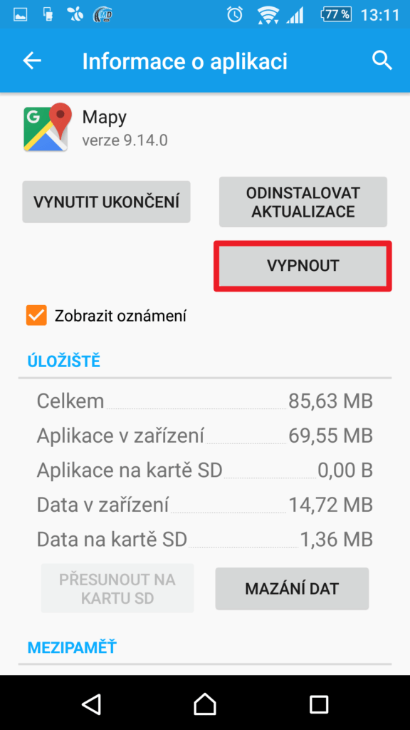 Vypnout/zakázat aplikaci