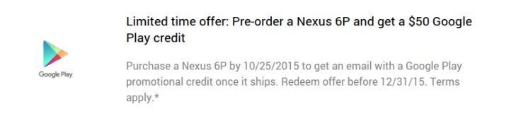 Google nabízel k Nexusu 6P 50 dolarů do Obchodu Play