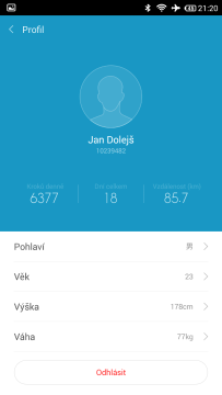 Xiaomi MiBand - uživatelský profil