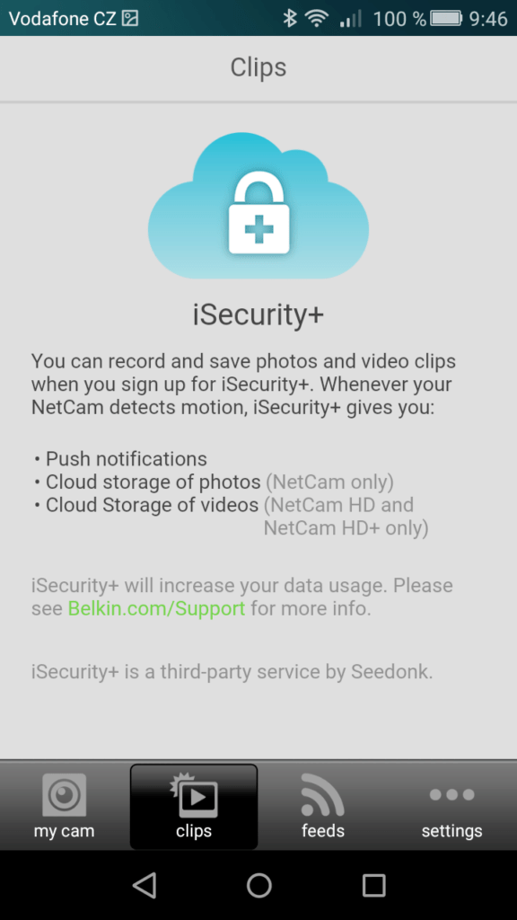 Belkin NetCam HD aplikace isecurity 1