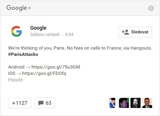 Post G+ - Volání do FR zdarma skrze Hangouts