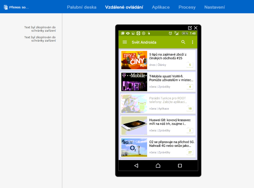 Vzdálené ovládání telefonu z desktopové aplikace