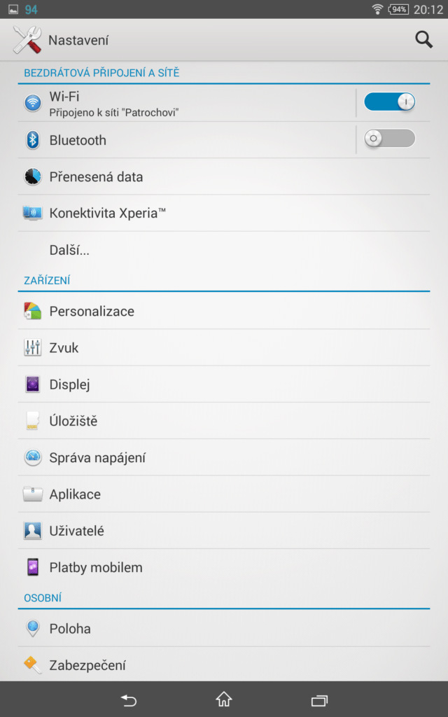 Sony Xperia Z3 Tablet Compact prostředí systému Android 9