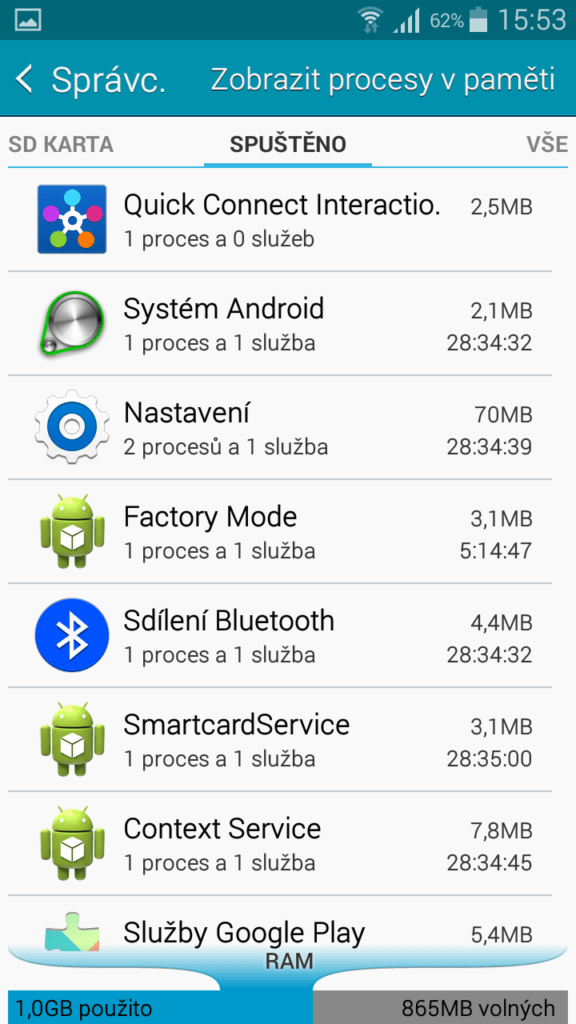 Samsung Galaxy A5 vytížení RAM
