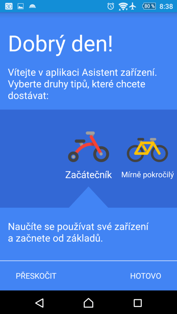 Výběr pokročilosti uživatele