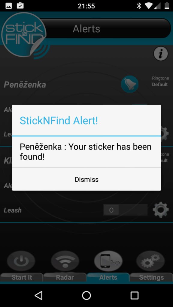 StickNFind alert aplikace