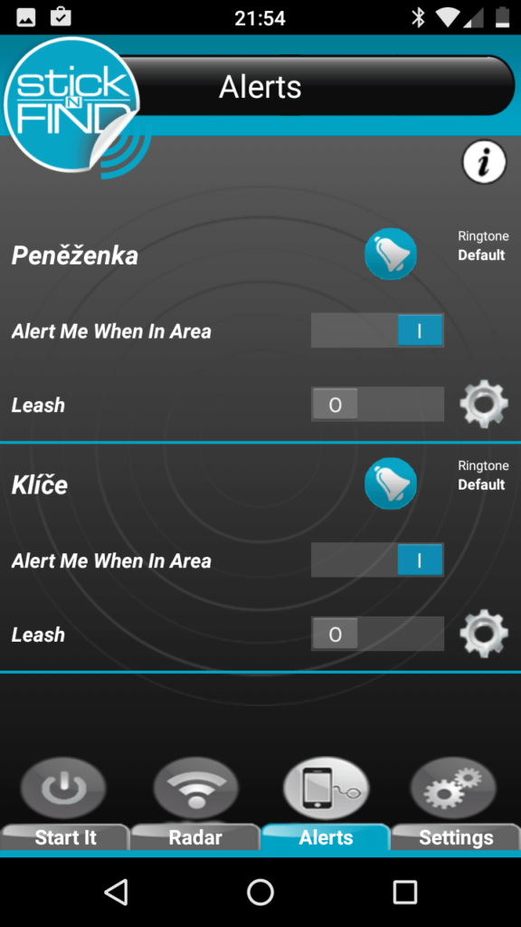 StickNFind alerts aplikace