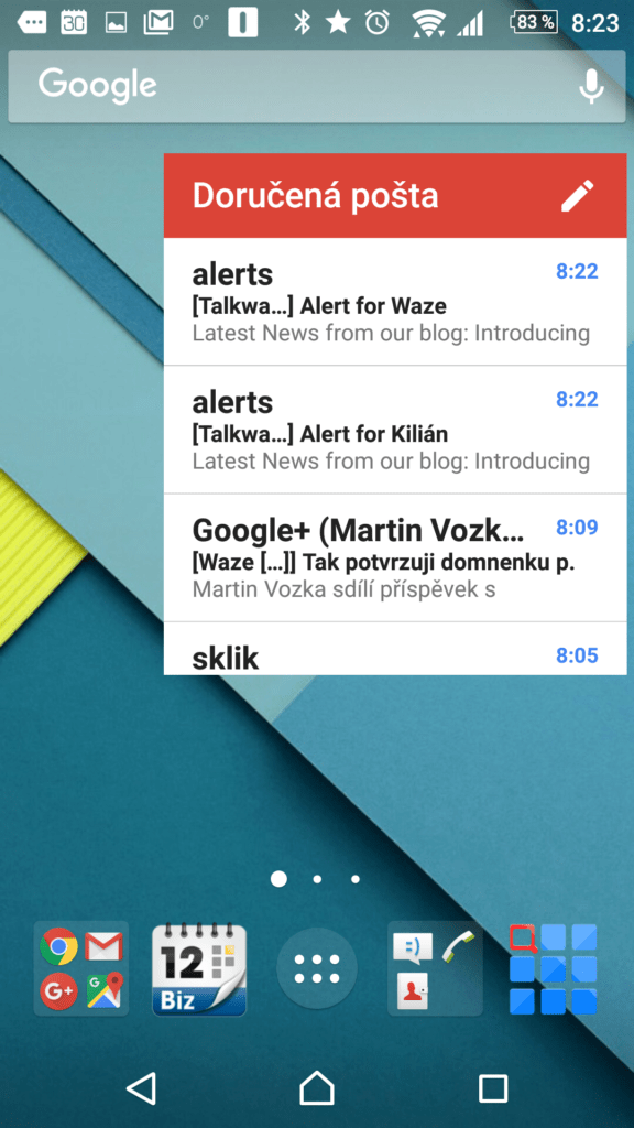 Widget aplikace Gmail