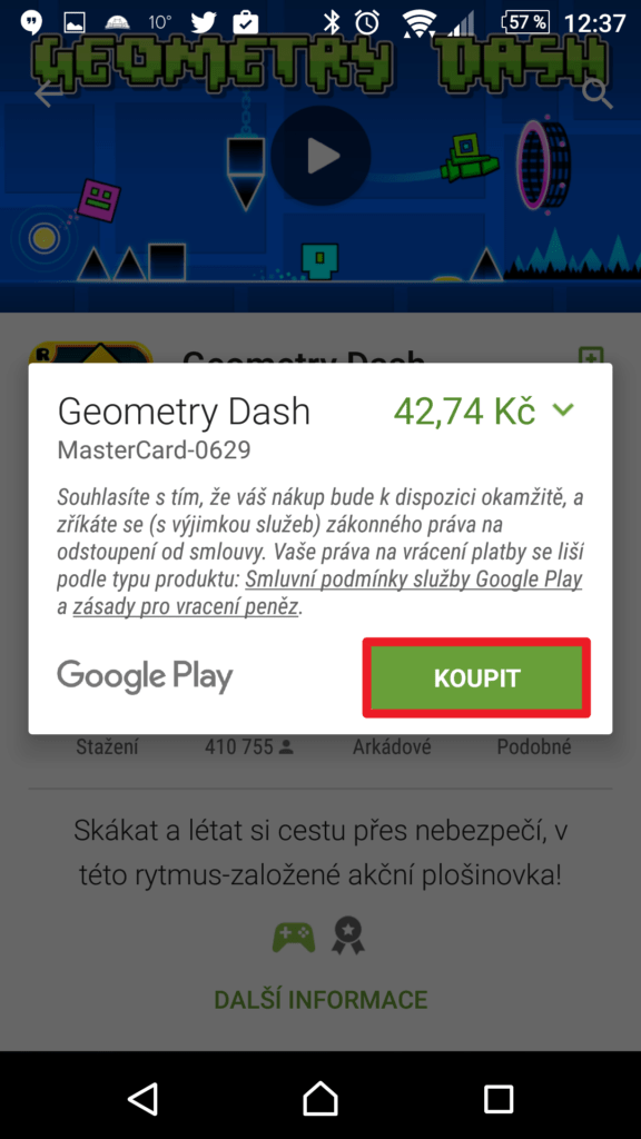 Potvrzení nákupu v Obchodě Play