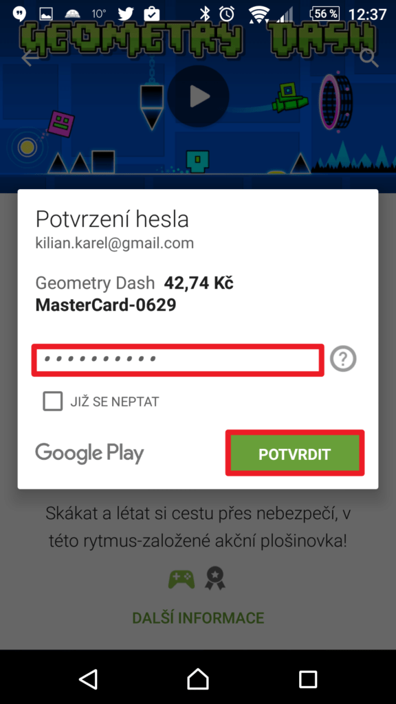 Zadání hesla pro platbu v Obchodě Play