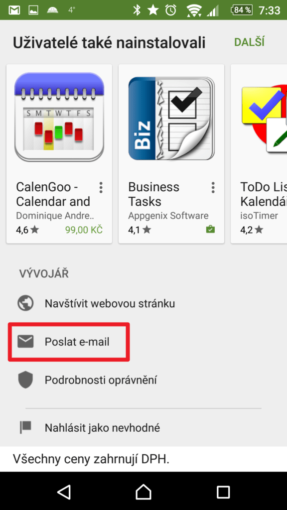 Zde najdete tlačítko Poslat e-mail