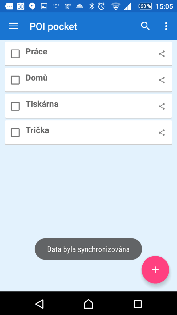 Seznam bodů v aplikaci