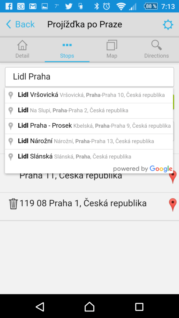 Zadání bodů trasy
