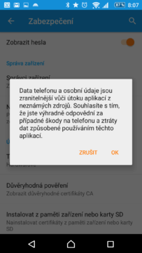 Varování před povolením instalace z neznámých zdrojů