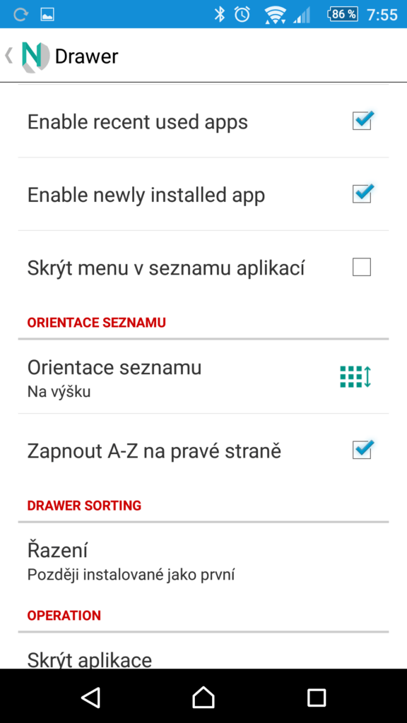 Nastavení seznamu aplikací