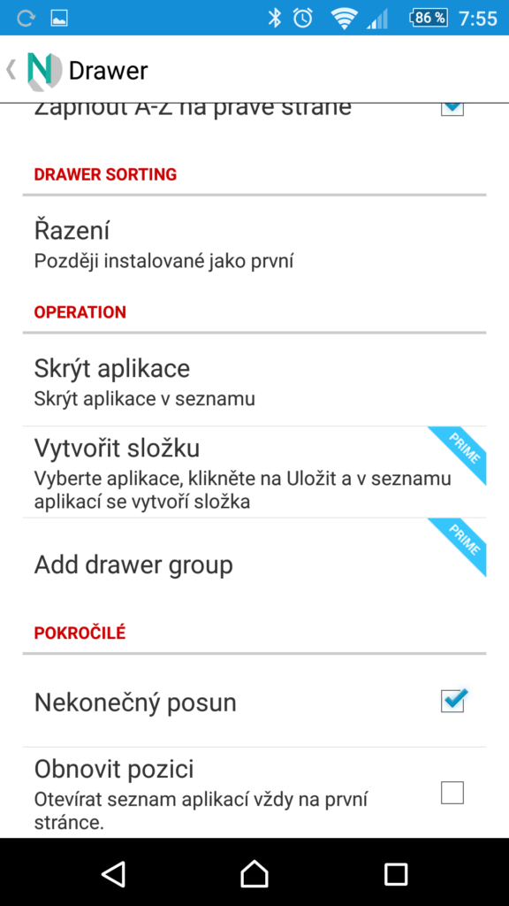 Nastavení seznamu aplikací