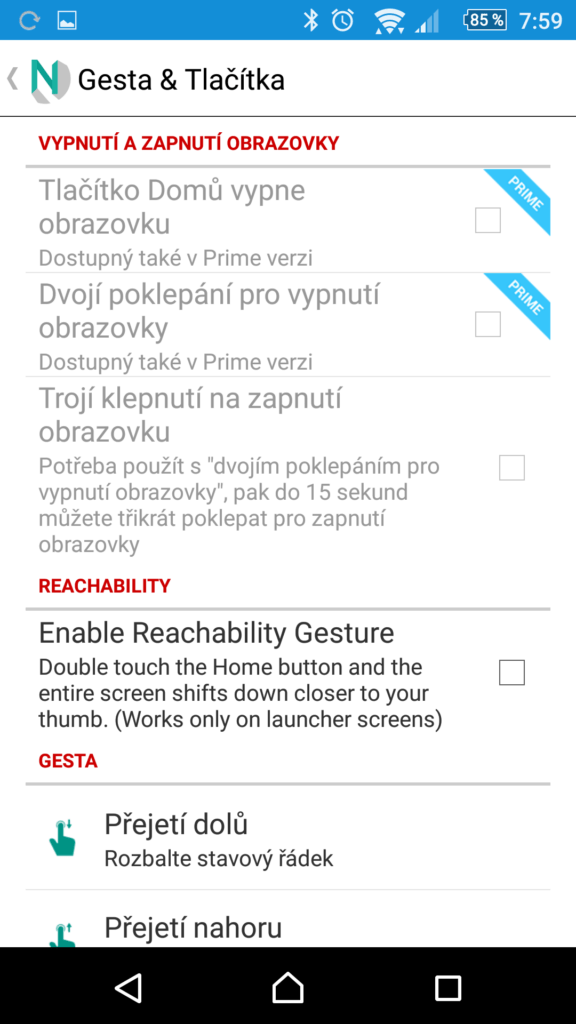 Nastavení gest a tlačítek