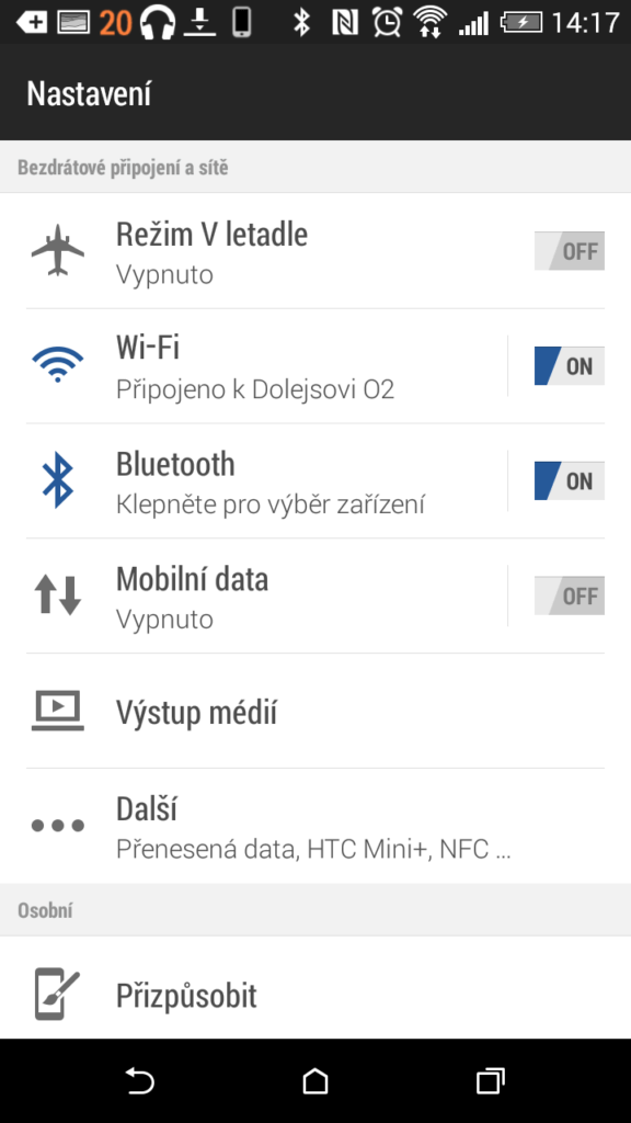 HTC Desire 820 menu nastavení