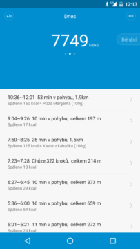 Xiaomi MiBand 1S – přehled denní aktivity v časových úsecích
