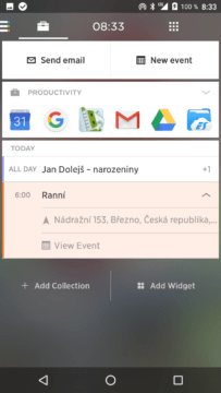 Yahoo Aviate Launcher – levá obrazovka – práce