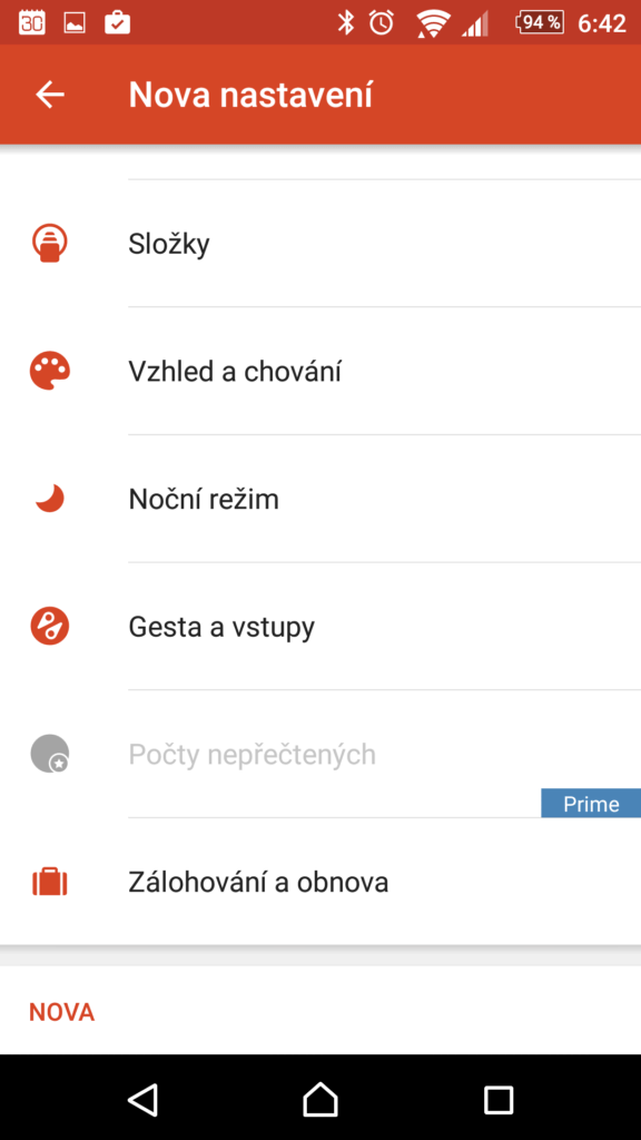 Položka Noční režim v nastavení