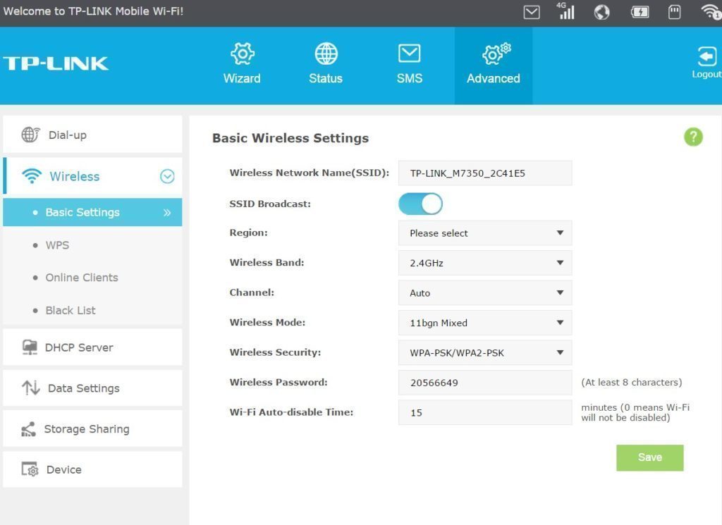 TP Link M7350 webové rozhraní WiFi