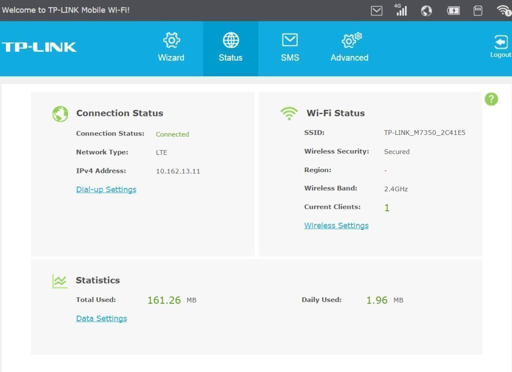TP Link M7350 webové rozhraní hlavní obrazovka
