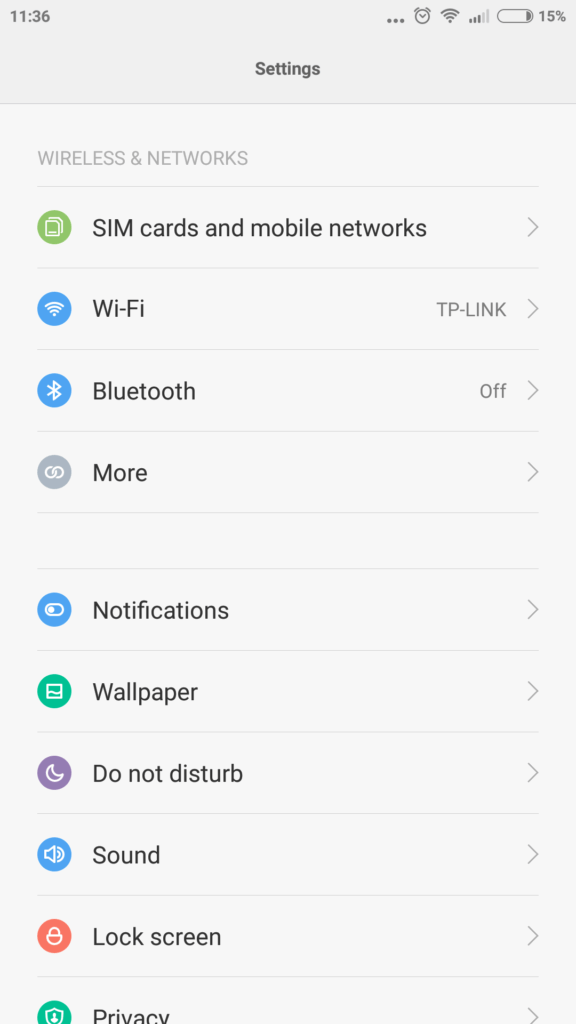 Xiaomi Mi4i prostředí systému menu nastavení