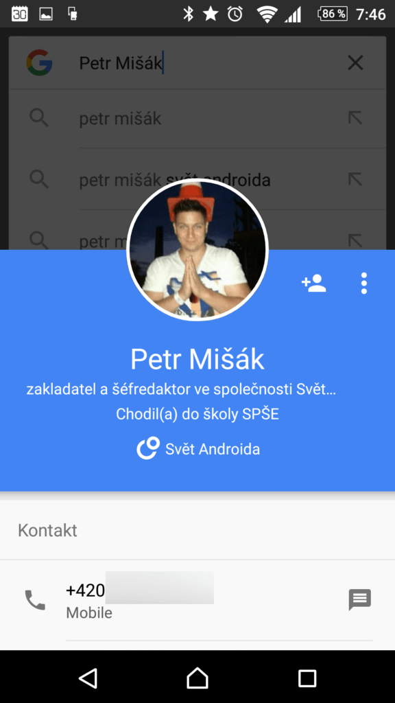 Aplikace nám otevřela standardní kartu kontaktu
