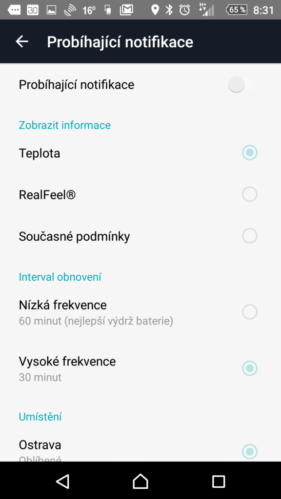 Nastavení probíhajících notifikací