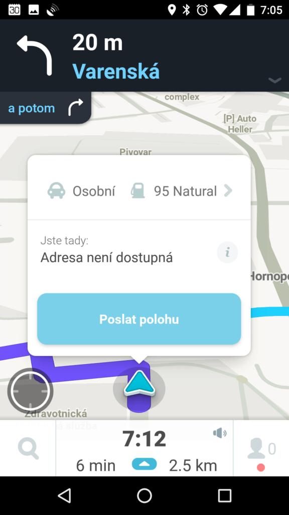Nabídka po klepnutí na ikonu auta