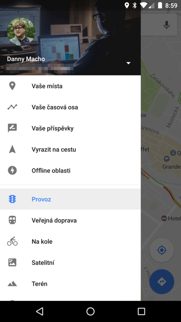 Mapy Google hamburger menu