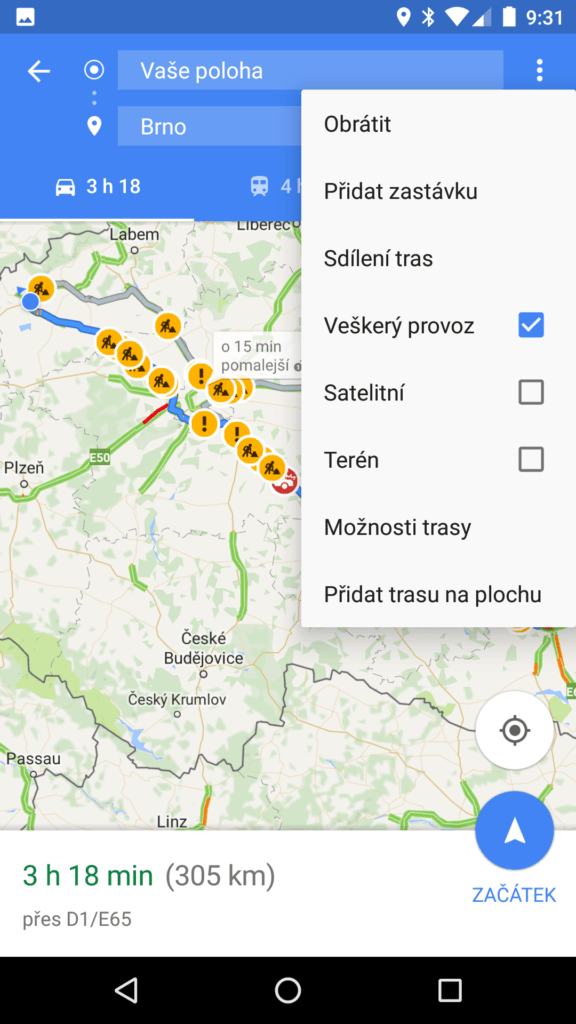 Mapy Google navigace menu trojtečky
