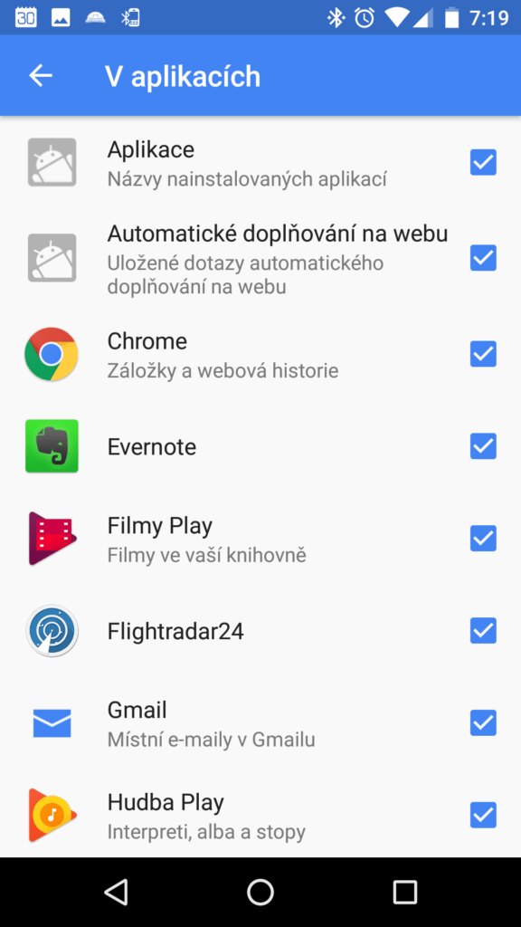 Nastavení prohledávaných aplikací