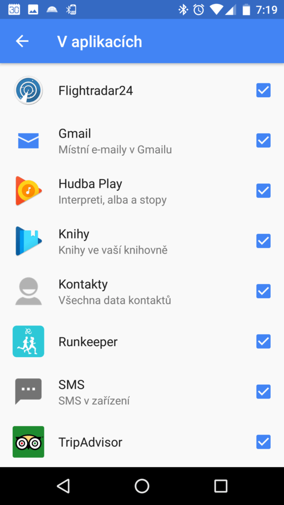 Nastavení prohledávaných aplikací