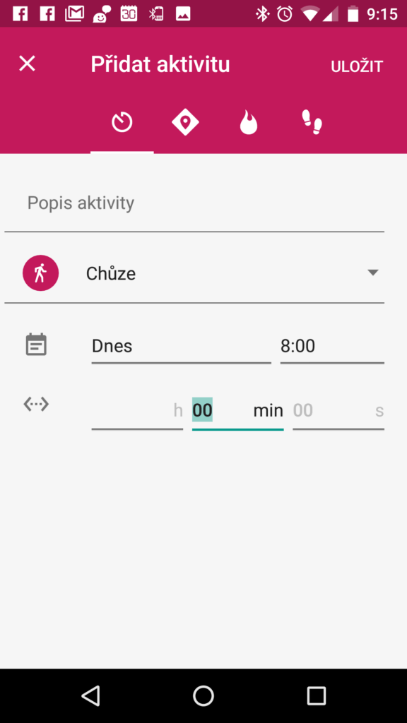Rozhraní pro přidání aktivity v Google Fit 1.58