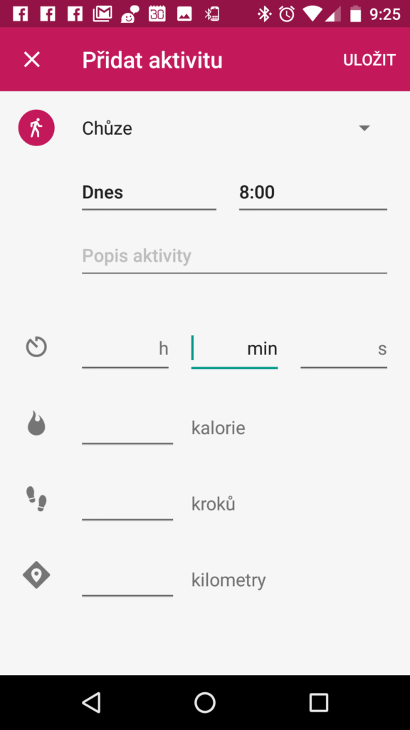 Rozhraní pro přidání aktivity v Google Fit 1.59