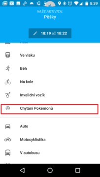 Z nabídky vyberte Chytání Pokémonů