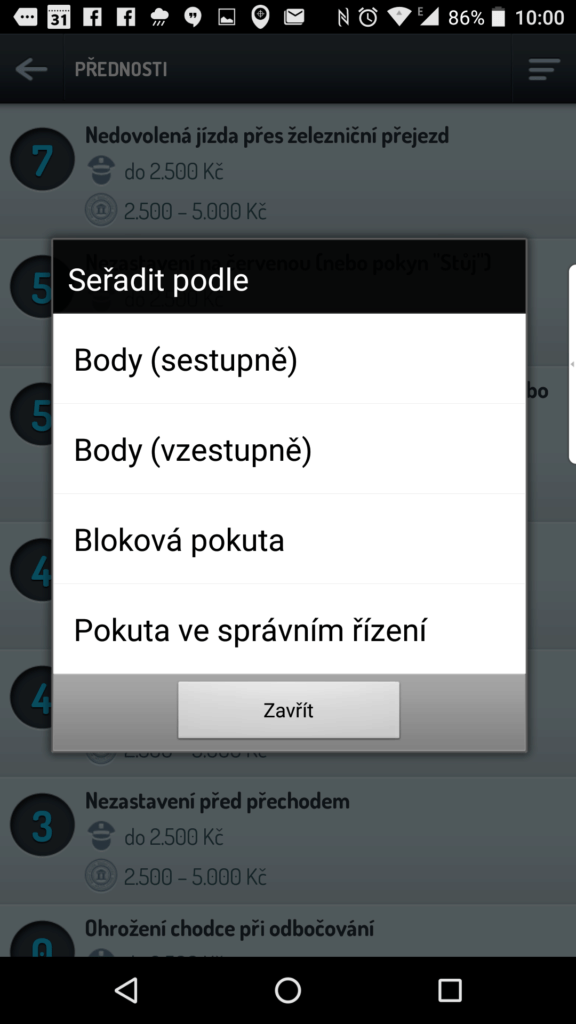 Možnosti řazení přestupků