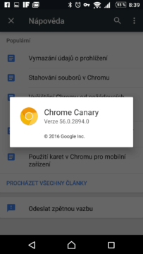 Prohlížeč Chrome Canary verze 56