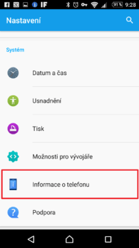 Sekce Informace o telefonu