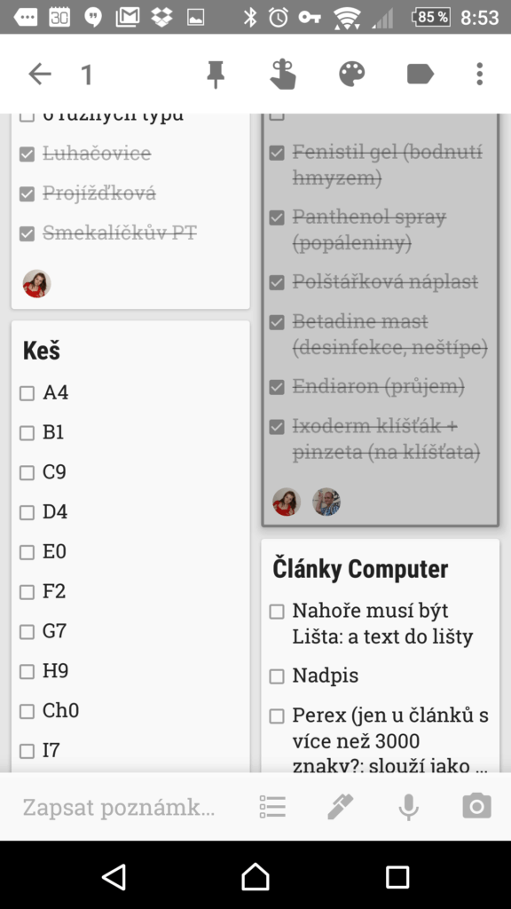 Špendlík v nástrojové liště v seznamu