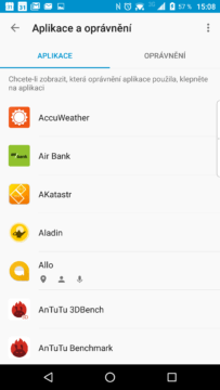 Sekce aplikací a oprávnění