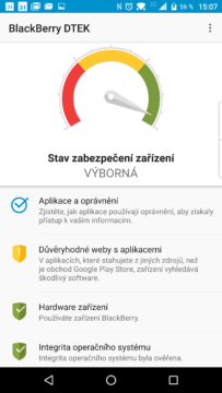 Úvodní stránka aplikace BlackBerry DTEK