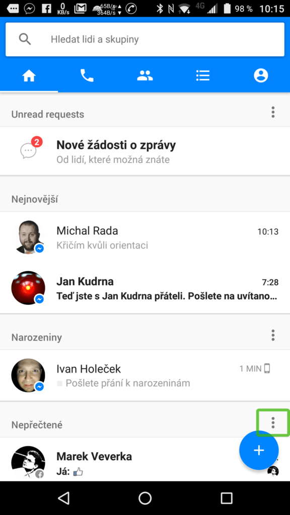Seznam konverzací je neustále překrýván různými oddíly