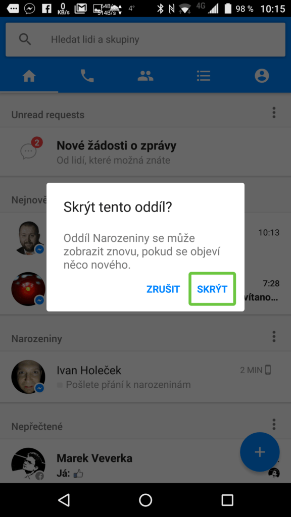 Skrytí oddílu je pouze dočasné