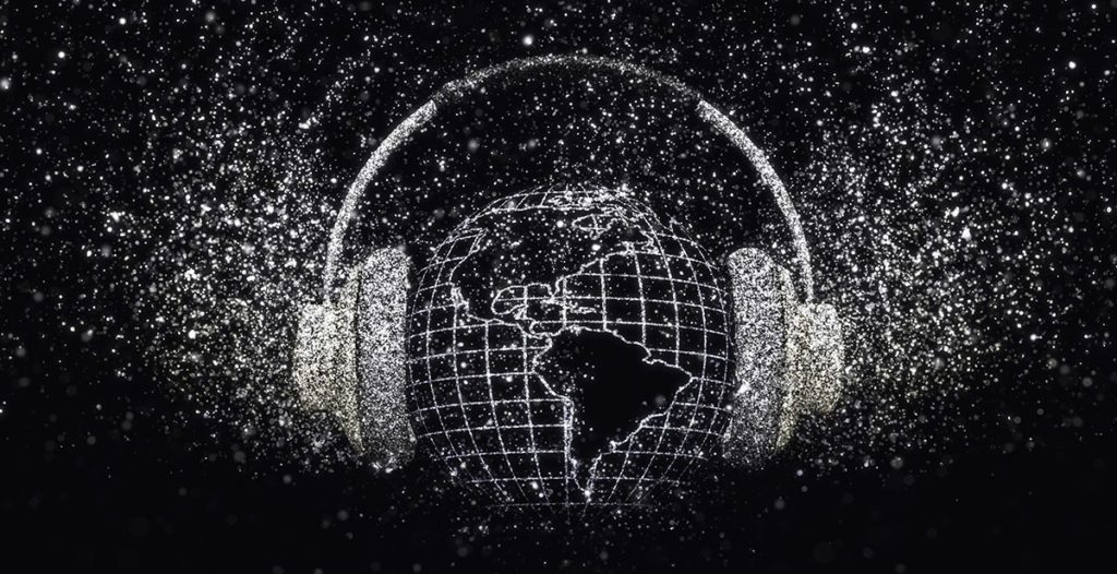 3D render of a globe with headphones with glittery effect on black background