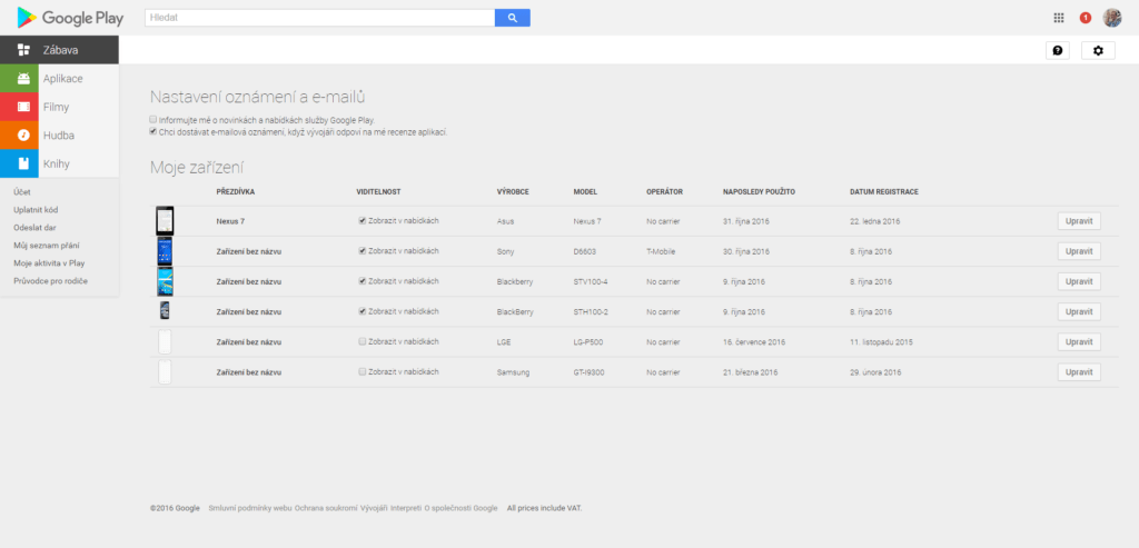 Ze sekce Moje zařízení v Obchodě Play zmizela nepoužívaná zařízení